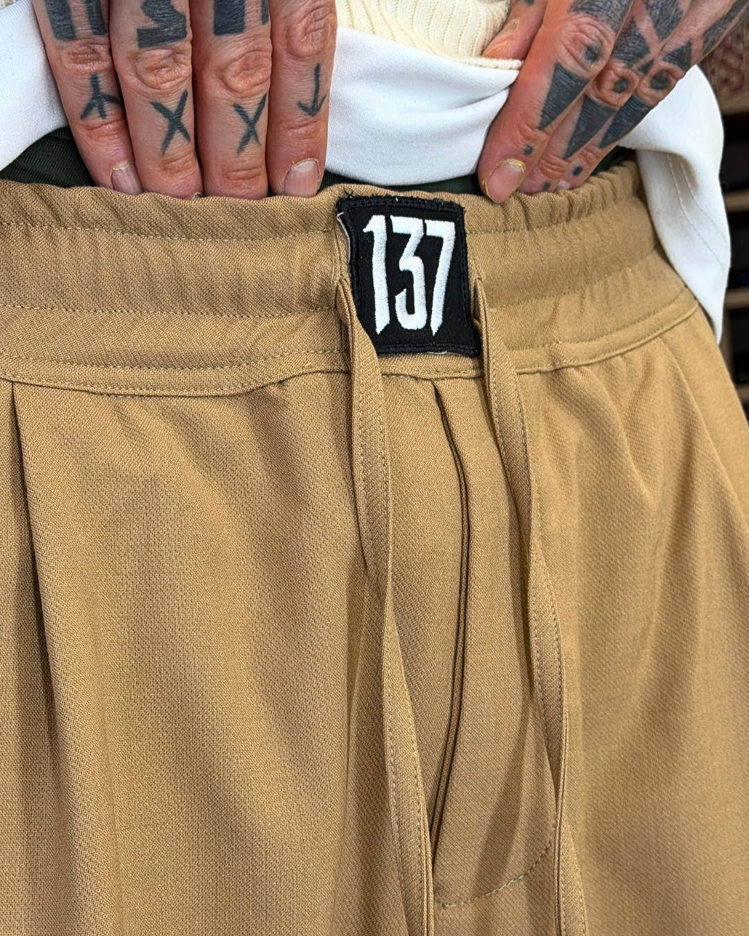 DROP CROTCH PANTS - CAMEL (WOOL BLEND)